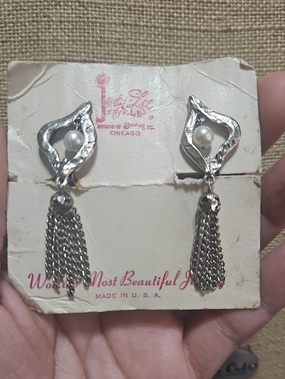 Vintage Silver Pearl Tassel Drop Clip Earrings -Judy Lee Jewels NOC